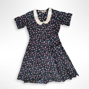 Mata Trader 100% Cotton Fit & Flare, Peter Pan Collar Floral Blue Dress, M, Twee